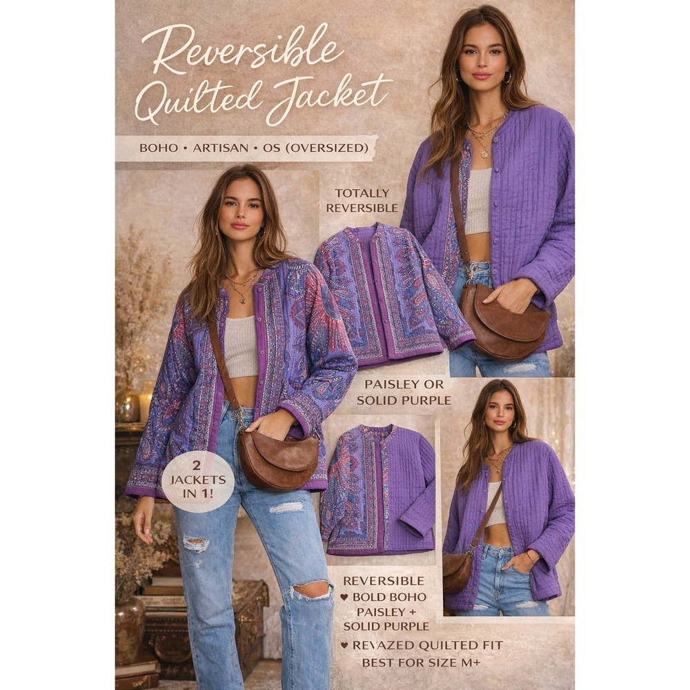 Reversible Quilted Jacket OS Purple Paisley Boho Oversized Artisan Statement